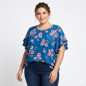 Torrid Women's Plus Size Blue Floral Ruffle Sleeve Top Boho-chic Romantic